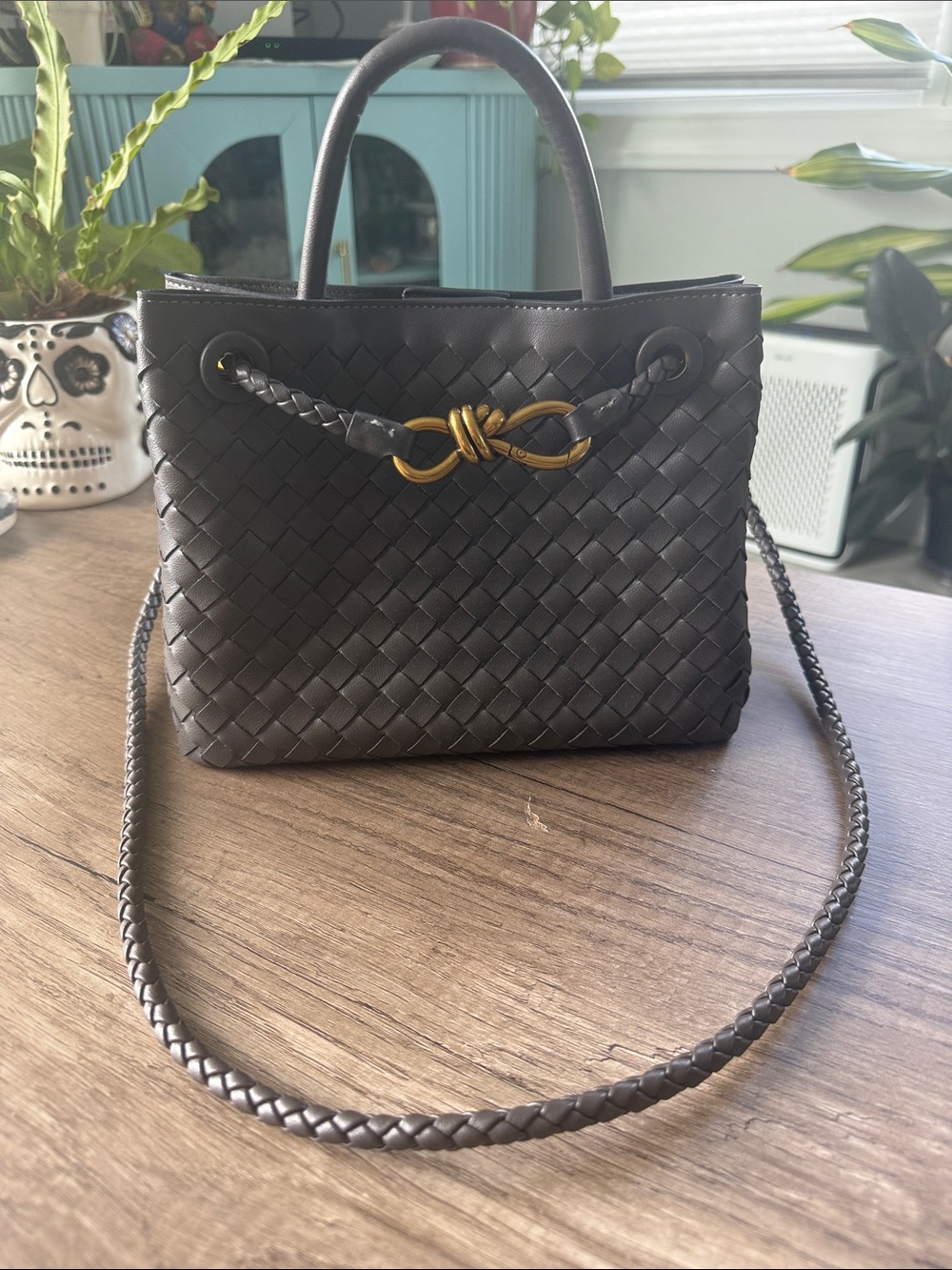 Braided Mini Tote with Gold Knot Accent - Dark Grey